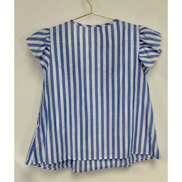 Womens Blue White Striped Floral Embroidered Ruffle Sleeve Peplum Blouse Small - Picture 3 of 9